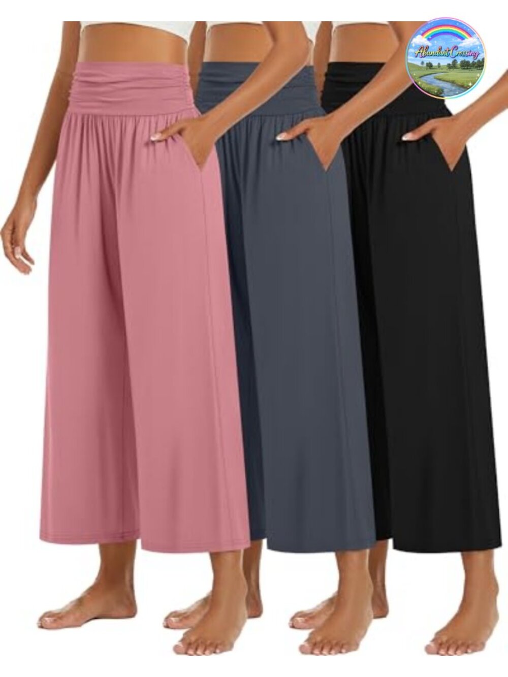 Women's Wide Leg Capri Pants 3 Pack High Waisted Cropped Trouser